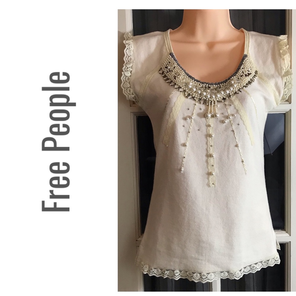 Free People - cream colored, beaded shirt